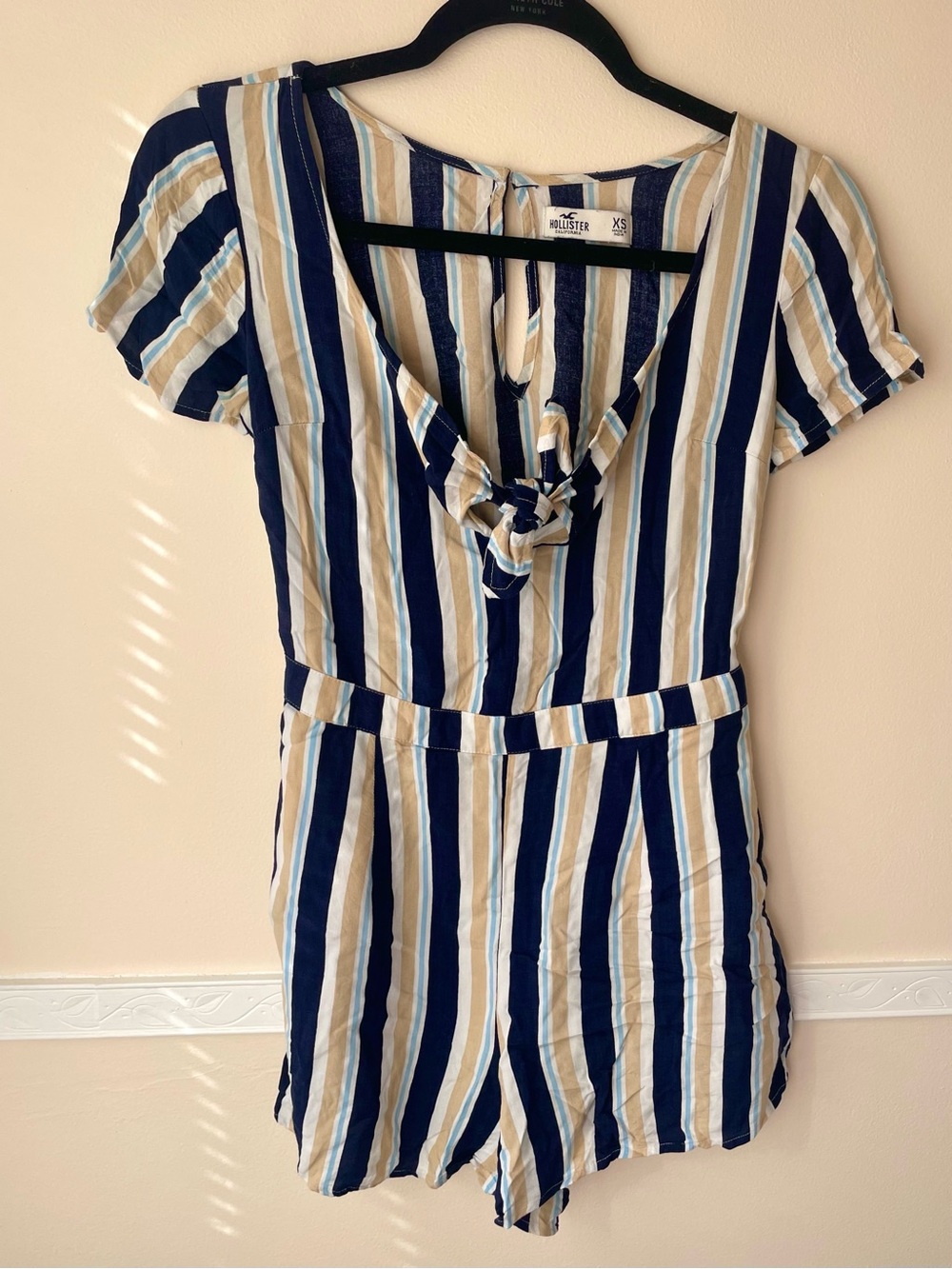Hollister Navy, White & Tan Striped Knot-Front Romper